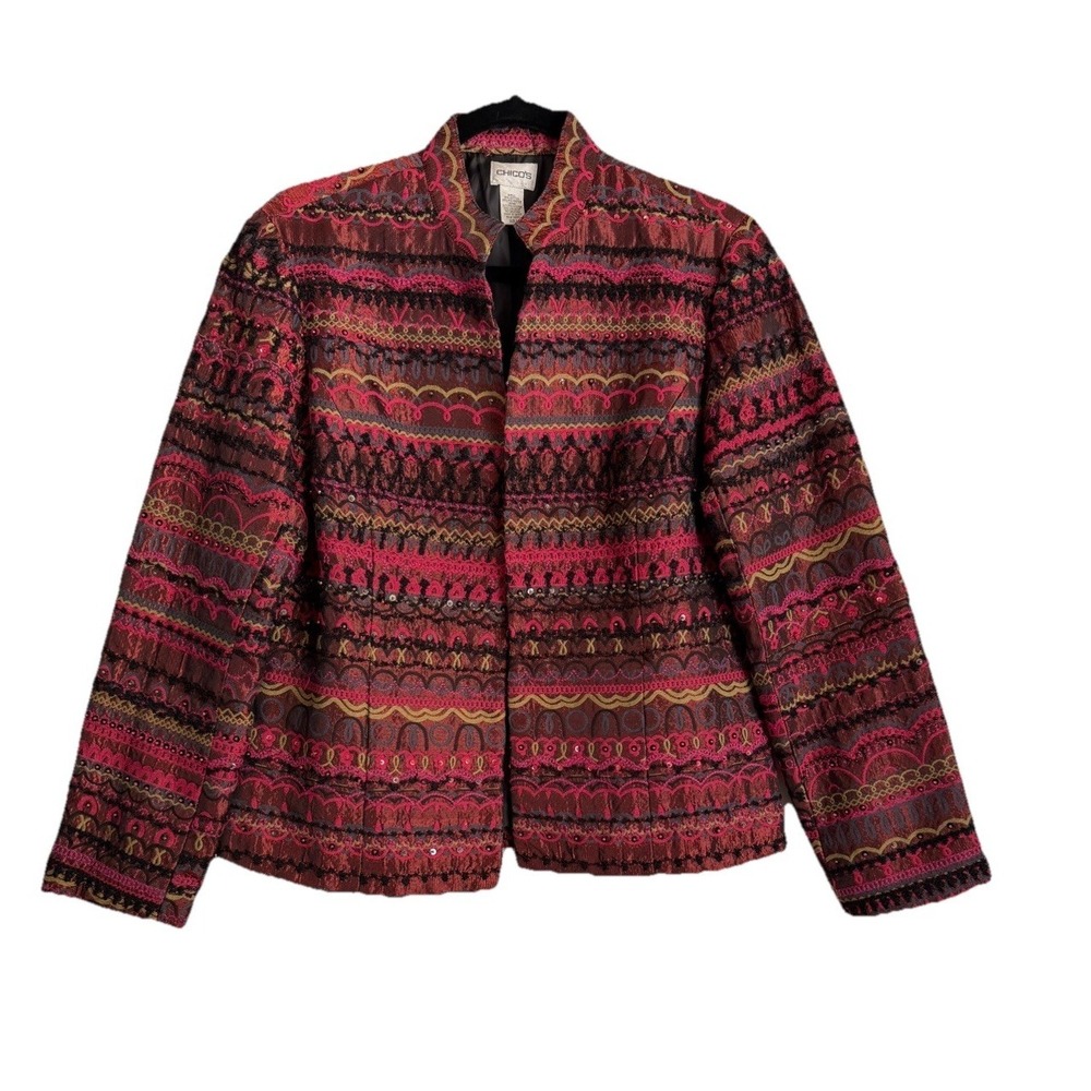 Chico's Geometric Multicolor Open Front Sequin Lined Jacket Long‎ Sleeve Women 1